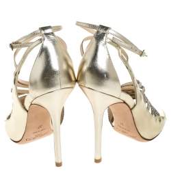 Pre Owned Jimmy Choo Gold Asymmetric Mirror Leather and Glitter Lame Fabric Florry Strappy Sandals Size 37