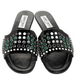 Pre Owned Jimmy Choo Black Patent Leather Studded Flat Slides Size 37