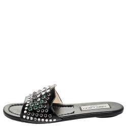 Pre Owned Jimmy Choo Black Patent Leather Studded Flat Slides Size 37