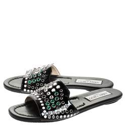 Pre Owned Jimmy Choo Black Patent Leather Studded Flat Slides Size 37