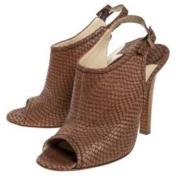 Pre Owned Jimmy Choo Brown Snakeskin Embossed Leather Peep Toe Slingback Sandals Size 40.5