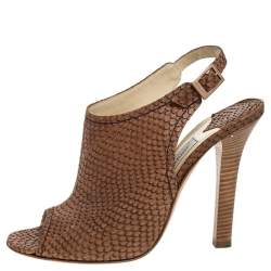 Pre Owned Jimmy Choo Brown Snakeskin Embossed Leather Peep Toe Slingback Sandals Size 40.5