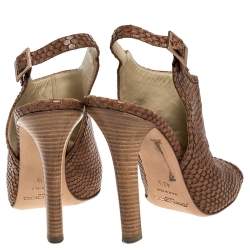 Pre Owned Jimmy Choo Brown Snakeskin Embossed Leather Peep Toe Slingback Sandals Size 40.5