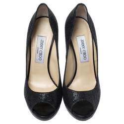 Pre Owned Jimmy Choo Black Lamè Fabric Quiet Peep Toe Platform Pumps Size 37