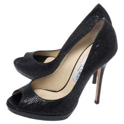 Pre Owned Jimmy Choo Black Lamè Fabric Quiet Peep Toe Platform Pumps Size 37