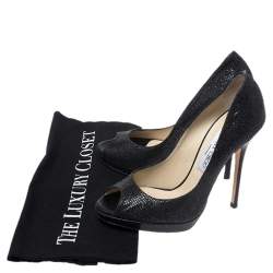 Pre Owned Jimmy Choo Black Lamè Fabric Quiet Peep Toe Platform Pumps Size 37