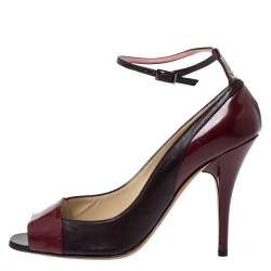 Jimmy Choo Burgundy Leather And Patent Leather Peep Toe Ankle Strap Pumps Size 39