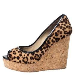 مملوكة مسبقًا حذاء كعب عالي جيمي تشو بابينا كعب ر�وكي فليني شعر حصان مطبوع نقشة الفهد و حواف جلد لامع مقاس 39.5