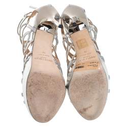 Pre Owned Jimmy Choo Metallic Silver Leather And Stardust Glitter Suede Cutout Open Toe Platform Sandals Size 38