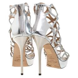 Pre Owned Jimmy Choo Metallic Silver Leather And Stardust Glitter Suede Cutout Open Toe Platform Sandals Size 38