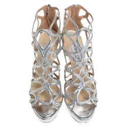 Pre Owned Jimmy Choo Metallic Silver Leather And Stardust Glitter Suede Cutout Open Toe Platform Sandals Size 38