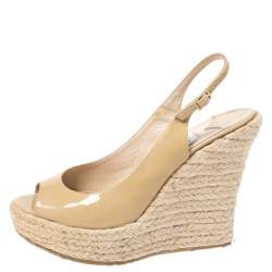 Pre Owned Jimmy Choo Beige Patent Leather Espadrille Wedge Slingback Sandals Size 38