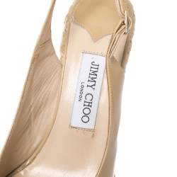 Pre Owned Jimmy Choo Beige Patent Leather Espadrille Wedge Slingback Sandals Size 38