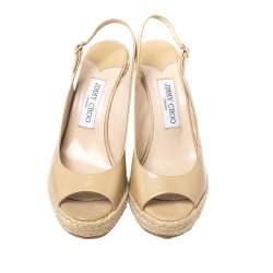 Pre Owned Jimmy Choo Beige Patent Leather Espadrille Wedge Slingback Sandals Size 38