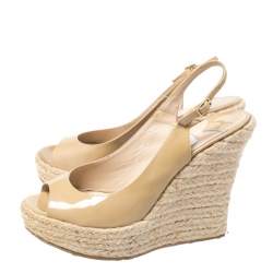 Pre Owned Jimmy Choo Beige Patent Leather Espadrille Wedge Slingback Sandals Size 38