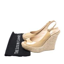 Pre Owned Jimmy Choo Beige Patent Leather Espadrille Wedge Slingback Sandals Size 38