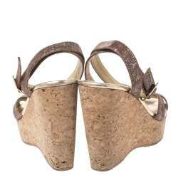 مملوكة مسبقًا صندل جيمي تشو بحزام بابيروس كاحل وكعب روكي فيلين جلد لامع بني مقاس 36