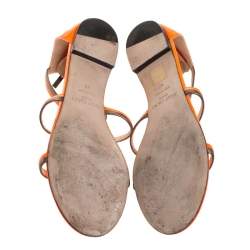 Pre Owned Jimmy Choo Neon Orange Patent Leather Tabitha Caged T Strappy Flat Sandals Size 40