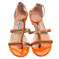 Pre Owned Jimmy Choo Neon Orange Patent Leather Tabitha Caged T Strappy Flat Sandals Size 40