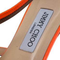 Pre Owned Jimmy Choo Neon Orange Patent Leather Tabitha Caged T Strappy Flat Sandals Size 40