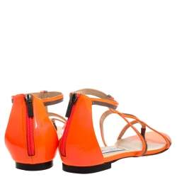 Pre Owned Jimmy Choo Neon Orange Patent Leather Tabitha Caged T Strappy Flat Sandals Size 40