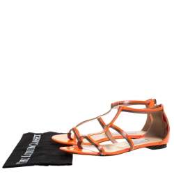 Pre Owned Jimmy Choo Neon Orange Patent Leather Tabitha Caged T Strappy Flat Sandals Size 40