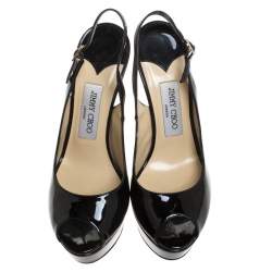 Pre Owned Jimmy Choo Black Patent Leather Vita Peep Toe Platform Slingback Sandals Size 38