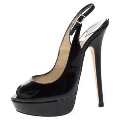 Pre Owned Jimmy Choo Black Patent Leather Vita Peep Toe Platform Slingback Sandals Size 38