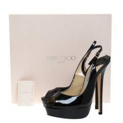 Pre Owned Jimmy Choo Black Patent Leather Vita Peep Toe Platform Slingback Sandals Size 38