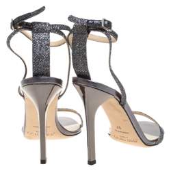 مملوكة مسبقًا Jimmy Choo Metallic Grey Lamè Fabric Minny Ankle Strap Open Toe Sandals Size 37