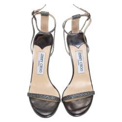 مملوكة مسبقًا Jimmy Choo Metallic Grey Lamè Fabric Minny Ankle Strap Open Toe Sandals Size 37