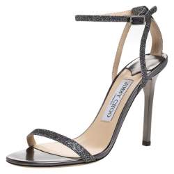 مملوكة مسبقًا Jimmy Choo Metallic Grey Lamè Fabric Minny Ankle Strap Open Toe Sandals Size 37