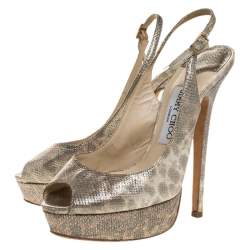 Pre Owned Jimmy Choo Metallic Gold Embossed Leather Vita Peep Toe Platform Slingback Sandals Size 37