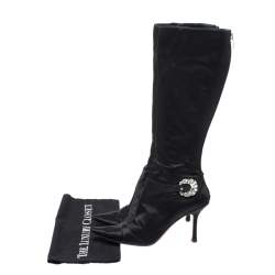 Pre Owned Jimmy Choo Black Crystal Embellished Satin Zip Knee Length  Boots Size 38.5