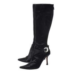 Pre Owned Jimmy Choo Black Crystal Embellished Satin Zip Knee Length  Boots Size 38.5