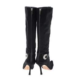 Pre Owned Jimmy Choo Black Crystal Embellished Satin Zip Knee Length  Boots Size 38.5