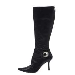 Pre Owned Jimmy Choo Black Crystal Embellished Satin Zip Knee Length  Boots Size 38.5