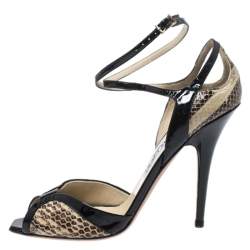 Jimmy Choo Black/Cream Snakeskin And Patent Leather Ankle Strap Sandals Size 38.5