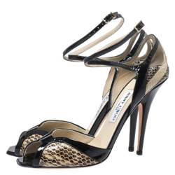Jimmy Choo Black/Cream Snakeskin And Patent Leather Ankle Strap Sandals Size 38.5
