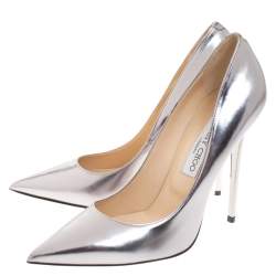 Pre Owned حذاء كعب عالي جيمي تشو انوك مقدمة مدببة جلد فضي مقاس 39