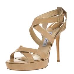 Pre Owned Jimmy Choo Beige Patent Leather Vamp Platform Sandals Size 41