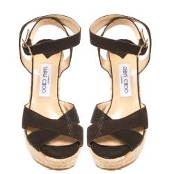 Pre Owned Jimmy Choo Brown Python Embossed Leather Ankle Wrap Phoenix Espadrille Wedges Size 38