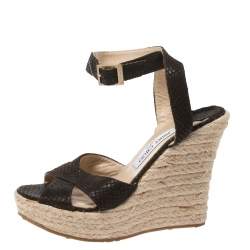 Pre Owned Jimmy Choo Brown Python Embossed Leather Ankle Wrap Phoenix Espadrille Wedges Size 38
