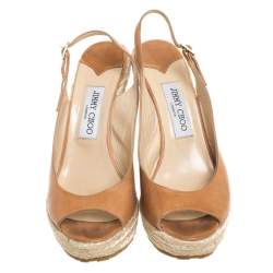 Pre Owned Jimmy Choo Brown Leather Polar Slingback Espadrille Wedge Sandals Size 38.5