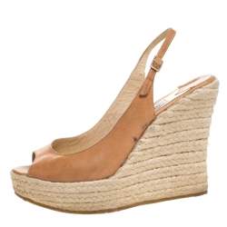 Pre Owned Jimmy Choo Brown Leather Polar Slingback Espadrille Wedge Sandals Size 38.5