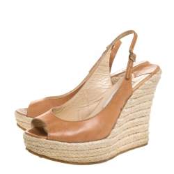 Pre Owned Jimmy Choo Brown Leather Polar Slingback Espadrille Wedge Sandals Size 38.5