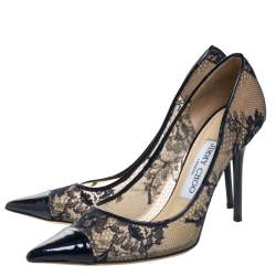 Pre Owned Jimmy Choo Blue Lace and Patent Leather Amika Cap Toe Pointed Pumps Size 36