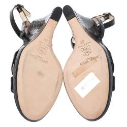 Pre Owned Jimmy Choo Black Croc Embossed Patent Leather Wedge Ankle Strap Sandals Size 38