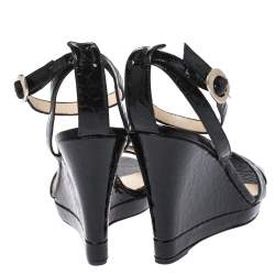 Pre Owned Jimmy Choo Black Croc Embossed Patent Leather Wedge Ankle Strap Sandals Size 38