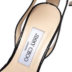 Pre Owned Jimmy Choo Black Croc Embossed Patent Leather Wedge Ankle Strap Sandals Size 38